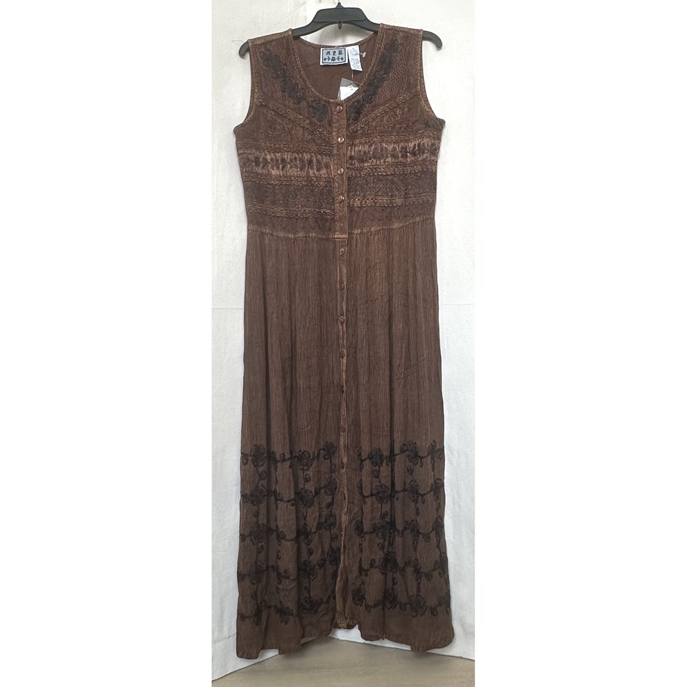 Vtg 90s NOS MPH Boho Hippie Goblincore Brown Embroidered Maxi Dress Sz M India